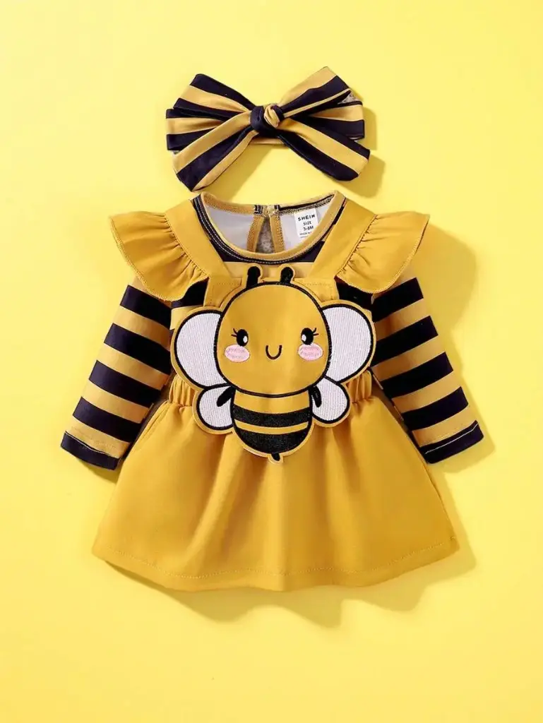 Conjunto de peto con bordado de abeja + camiseta de manga larga a rayas