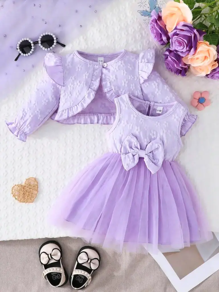 Vestido de 2 piezas de chaqueta tipo cárdigan con copos de nieve y vestido de tul con lazo para niñas pequeñas