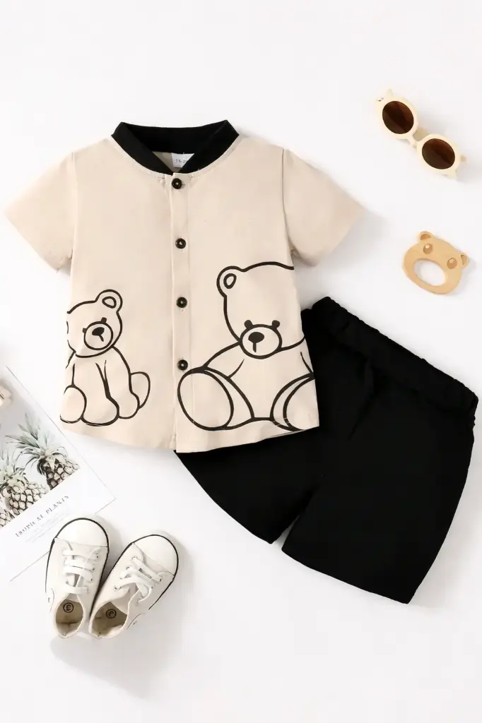 Conjunto de 2 piezas con camisa de manga corta casual con estampado de oso