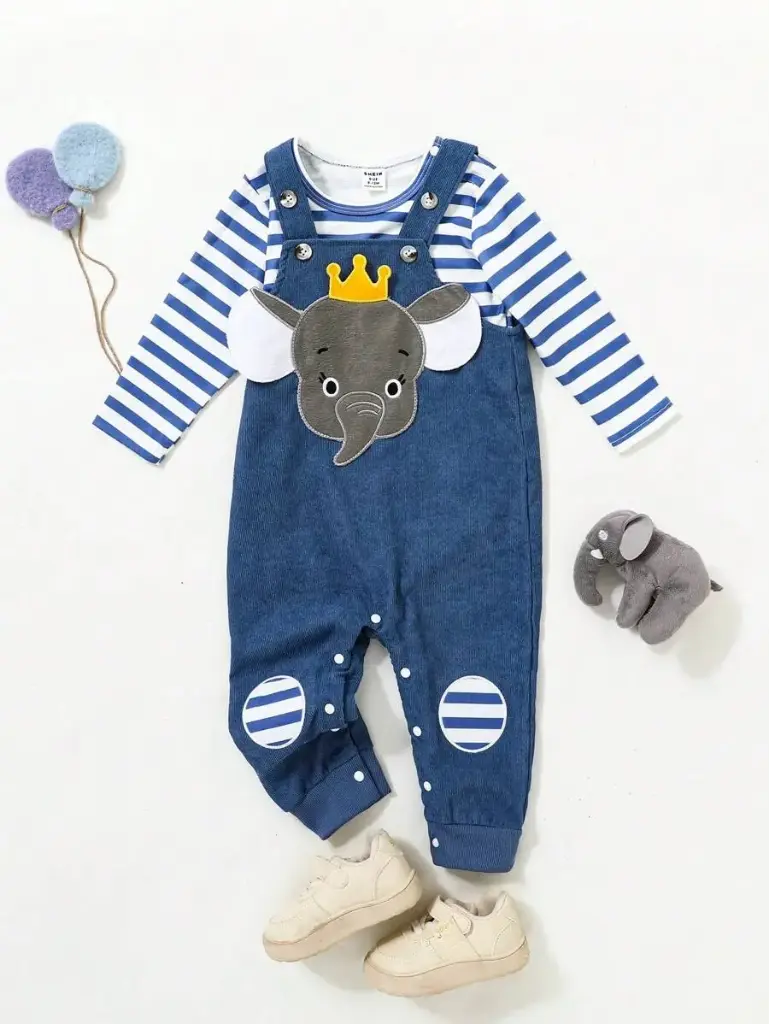 Conjunto De Camiseta De Manga Larga A Rayas Para Bebés Y Pelele Con Tirantes Bordados Con Dibujos Animados Para Niños