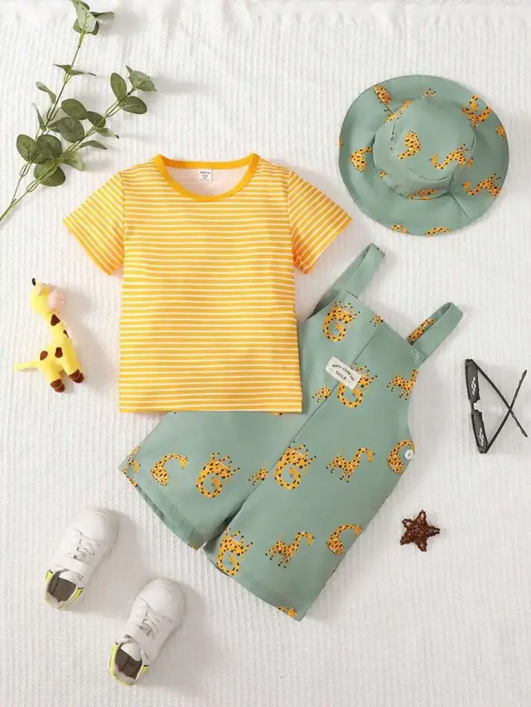 Camiseta De Rayas Para Niños Y Overol con figuras de Jirafas