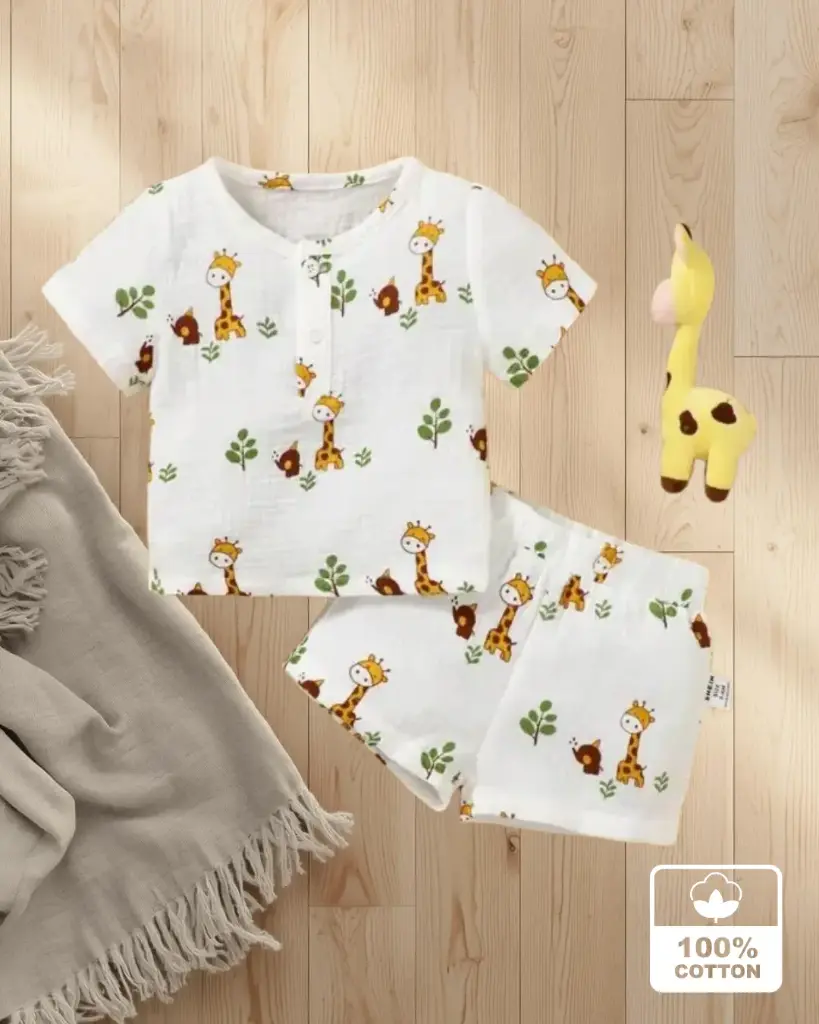 Conjunto casual con camiseta de manga corta con cuello redondo y pantalones cortos con estampado de jirafa