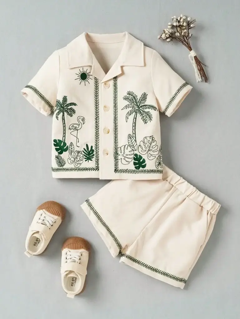Traje de verano con estampado tropical y short