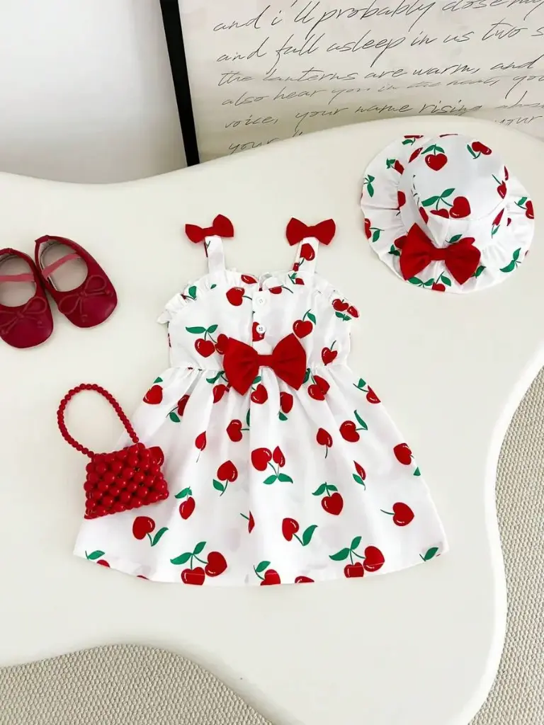 Vestido y gorro con estampado de cereza