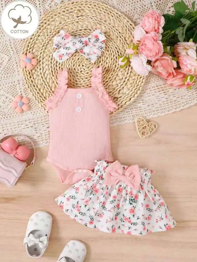 Conjunto Falda Floral y Body Rosado