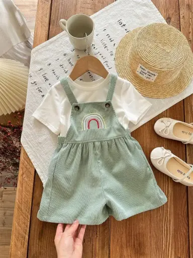 [sa2411154238323832] Enterizo casual para bebé niña, color verde, con bordado de arcoíris