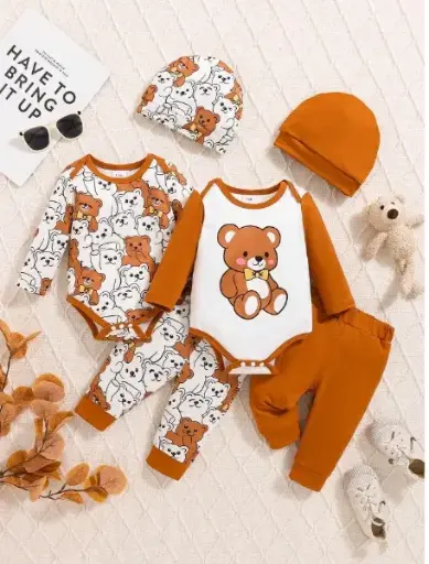 [sa2406077474661116] 4 piezas Conjunto de invierno de manga larga con estampado de tigre y gorro para niño bebé