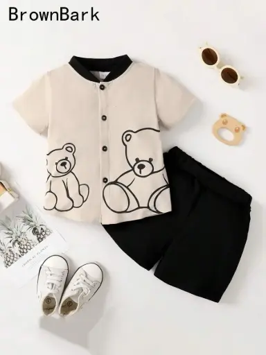 [sk25060213986700819] Conjunto de 2 piezas con camisa de manga corta casual con estampado de oso