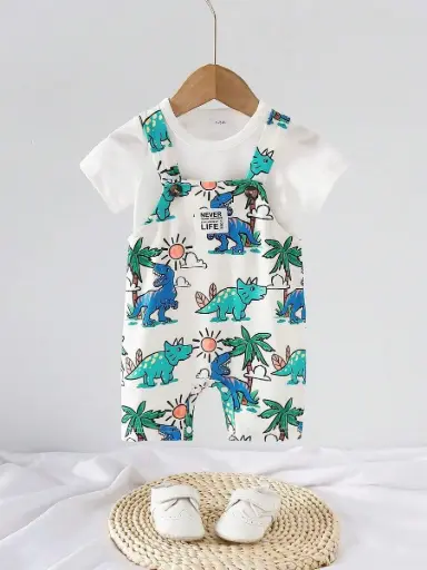 Camiseta de Algodón y Jardinera con Estampado de Dinosaurios