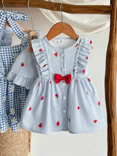 [sa251113512741537103] Vestidito de Fresas Celeste con Gorro