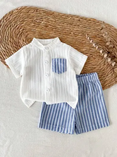 [sa260331164575117112248] Conjunto Camisa Blanca con Short Rayado