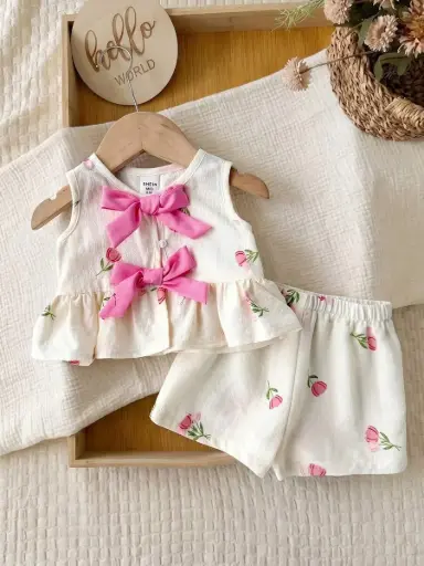 [sa260408101118399845130] Conjunto Floral con Lazos Rosados